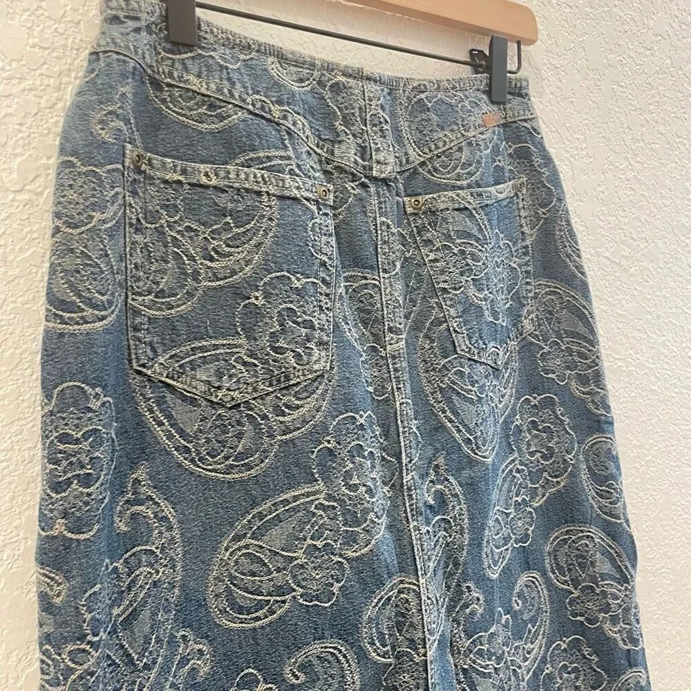 Vintage Liz Claiborne LizWear‎ Denim Bohemian Paisley Embroidered Maxi Skirt 4